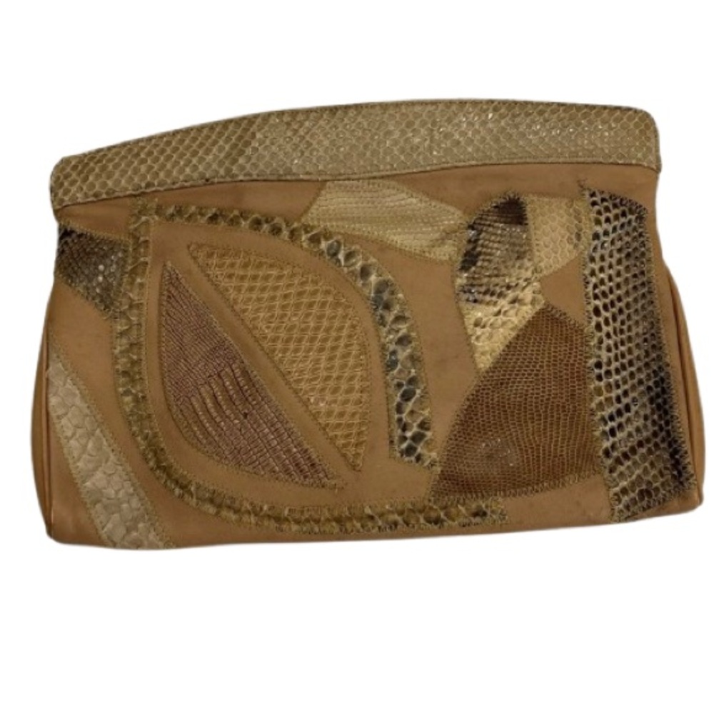 Vintage Varon Leather & Snakeskin Clutch Crossbody Bag Brown Retro